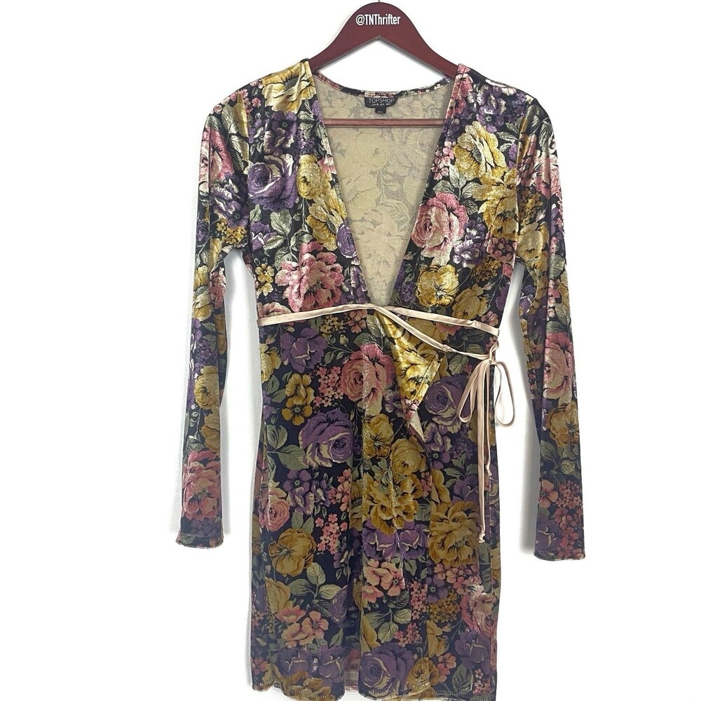 Topshop Velvet Rose Floral Wrap Long Sleeve Mini Dress Multicolor Women's Size 4
